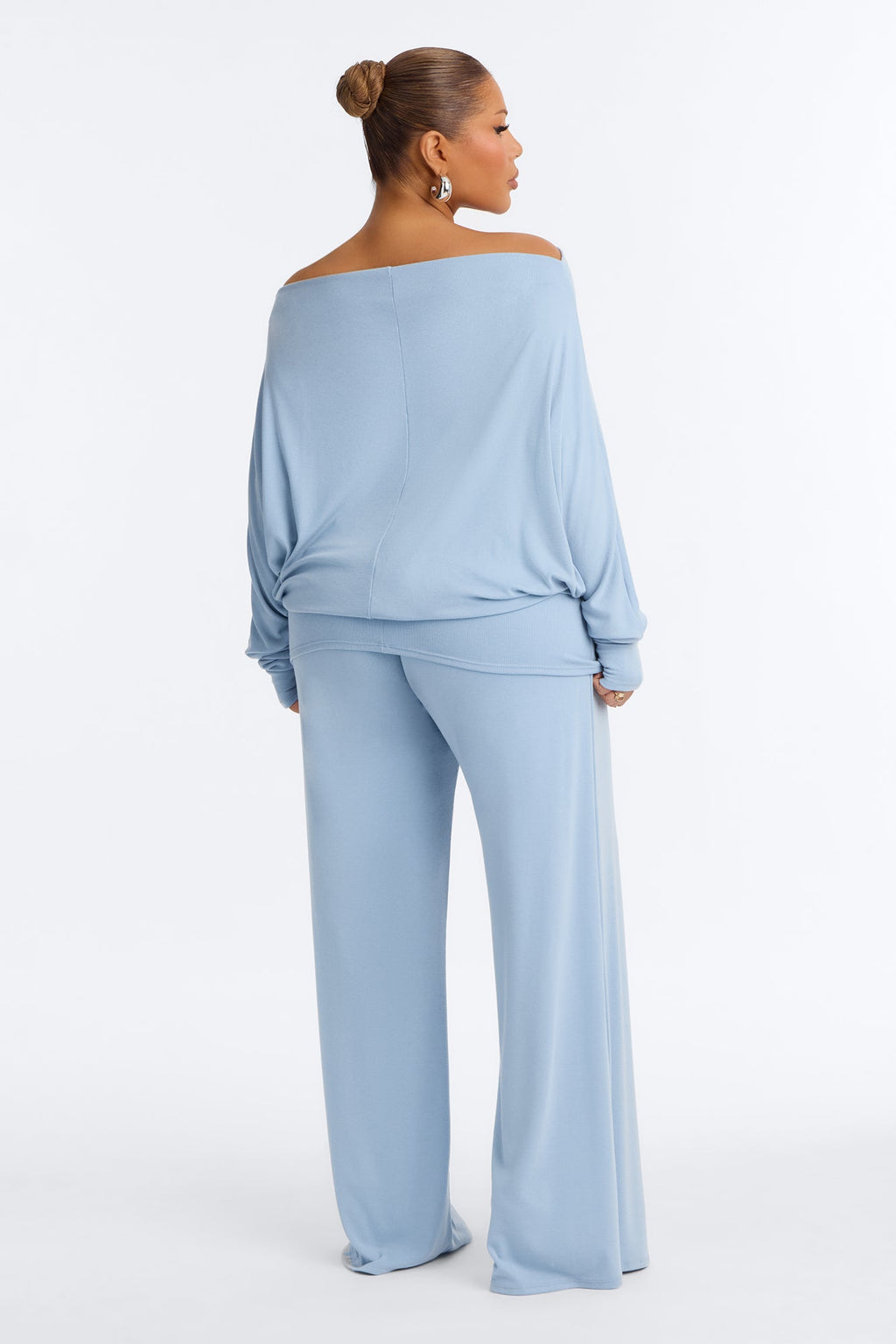 At Ease Off The Shoulder Wide Leg Pant Set - Slate Blue