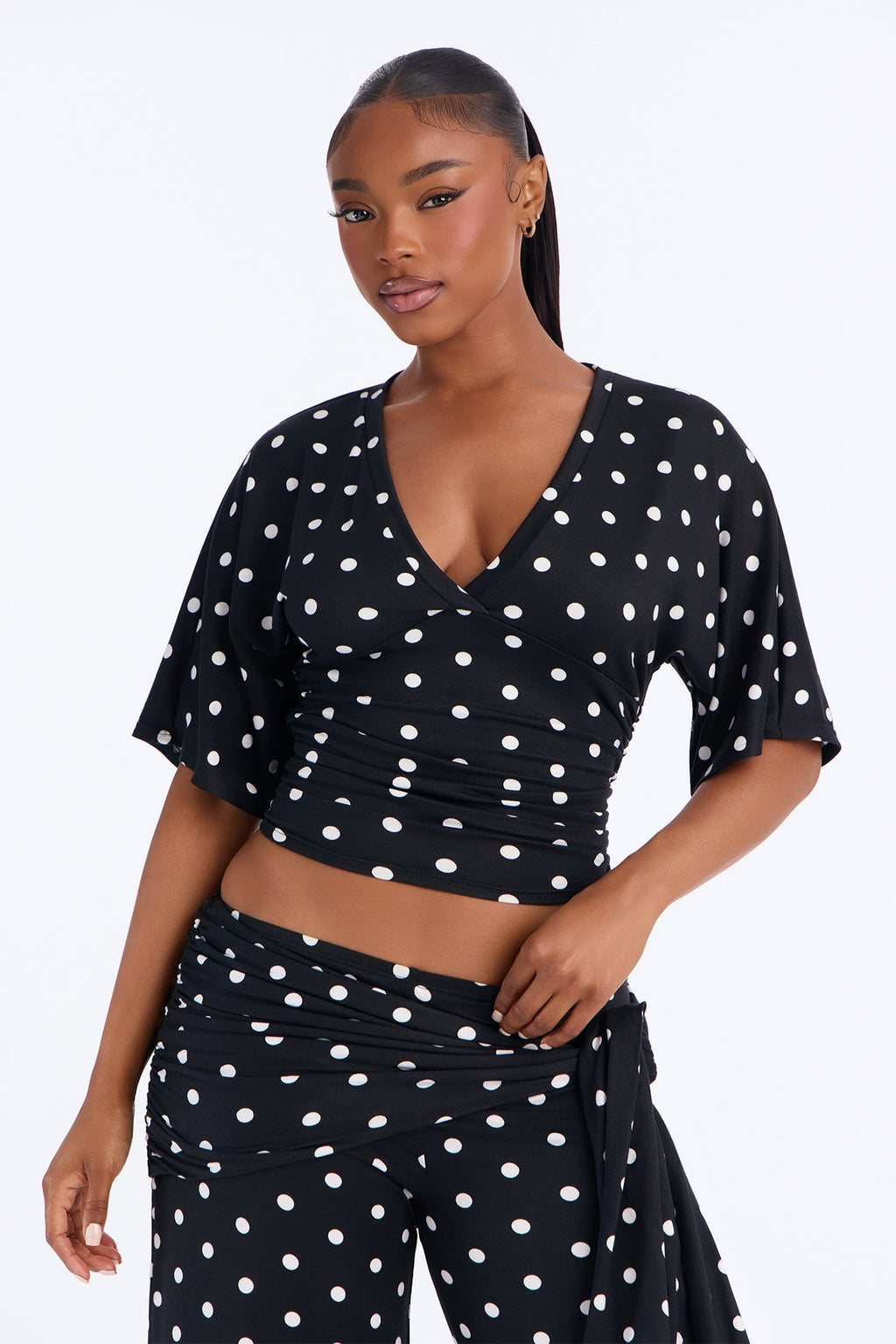 Mika Polka Dot Tie Waist Gaucho Set - Black