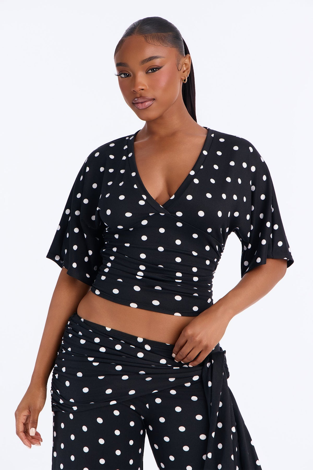 Mika Polka Dot Tie Waist Gaucho Set - Black