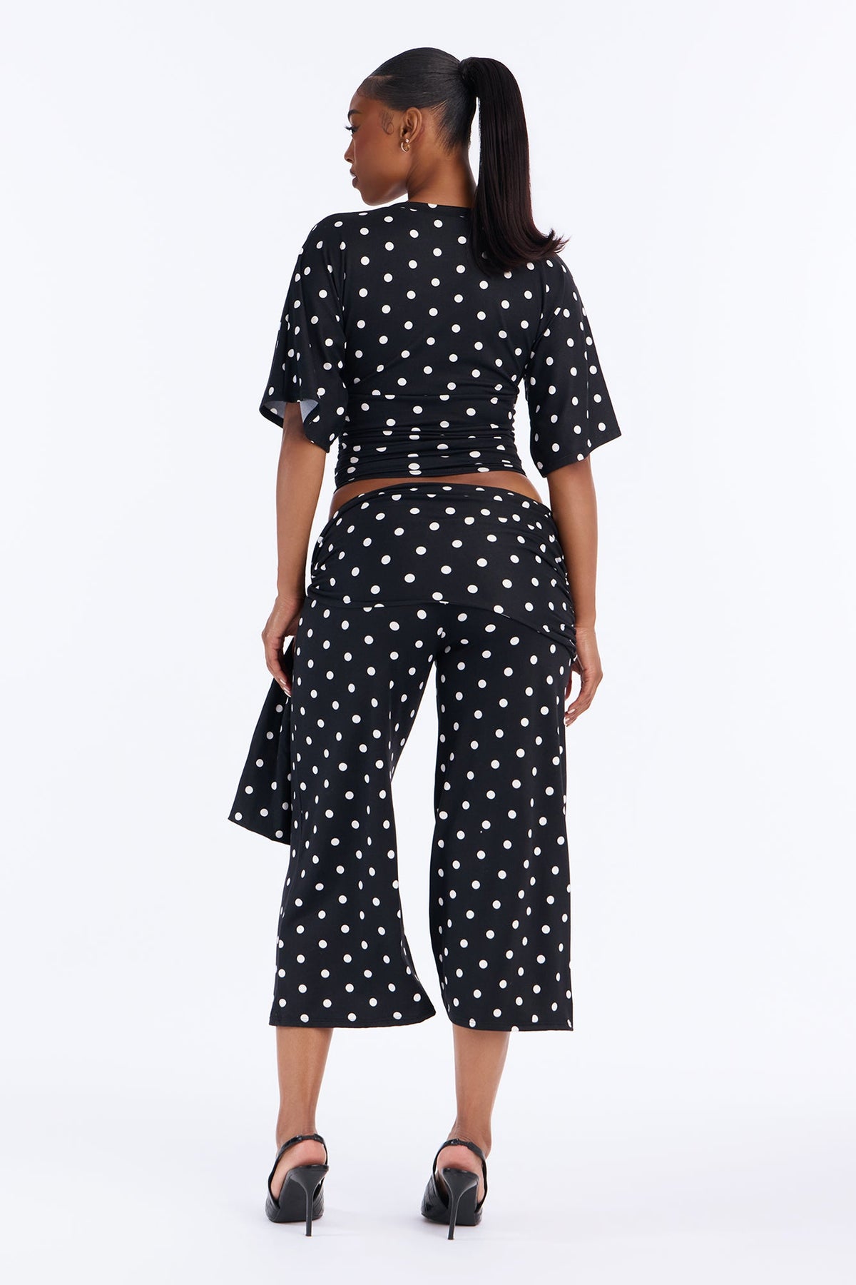 Mika Polka Dot Tie Waist Gaucho Set - Black