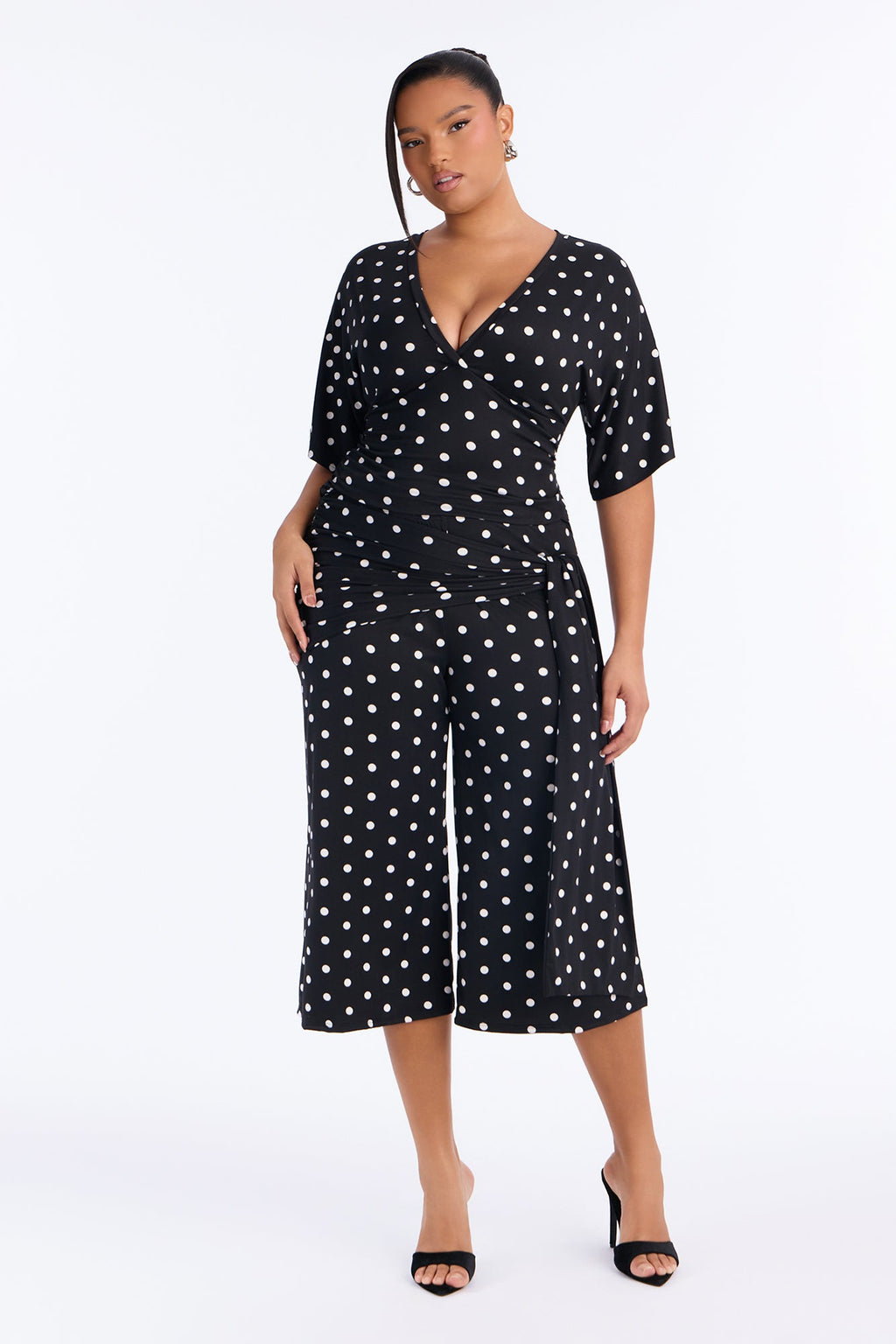 Mika Polka Dot Tie Waist Gaucho Set - Black