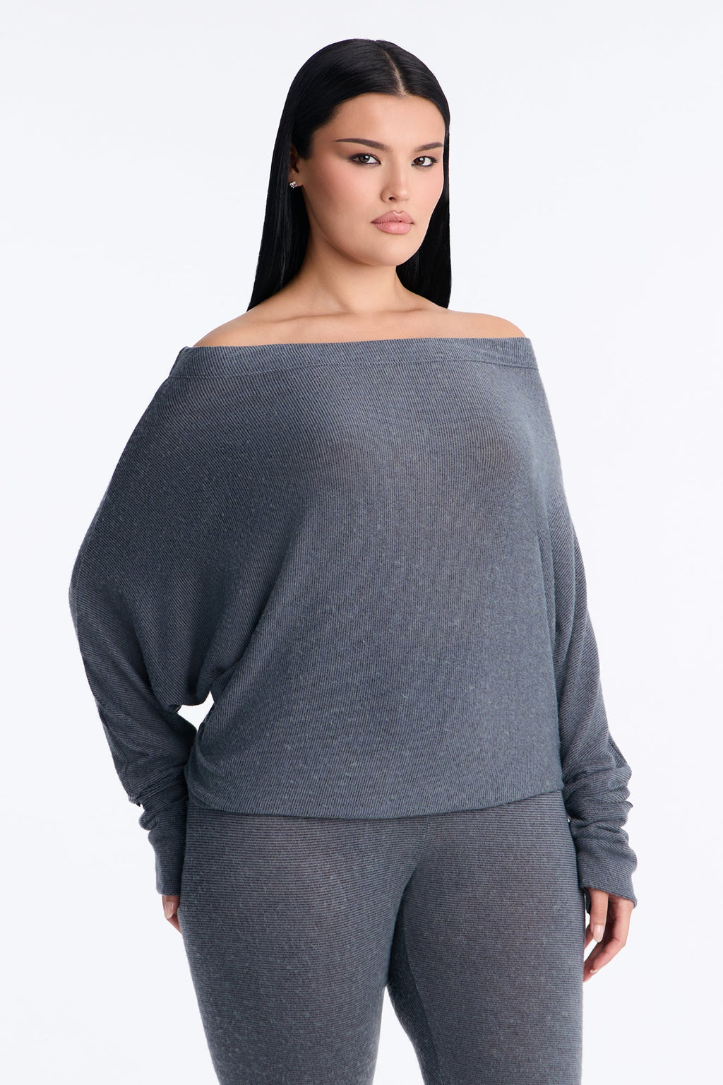 Clara Off Shoulder Hacci Capri Set - Grey