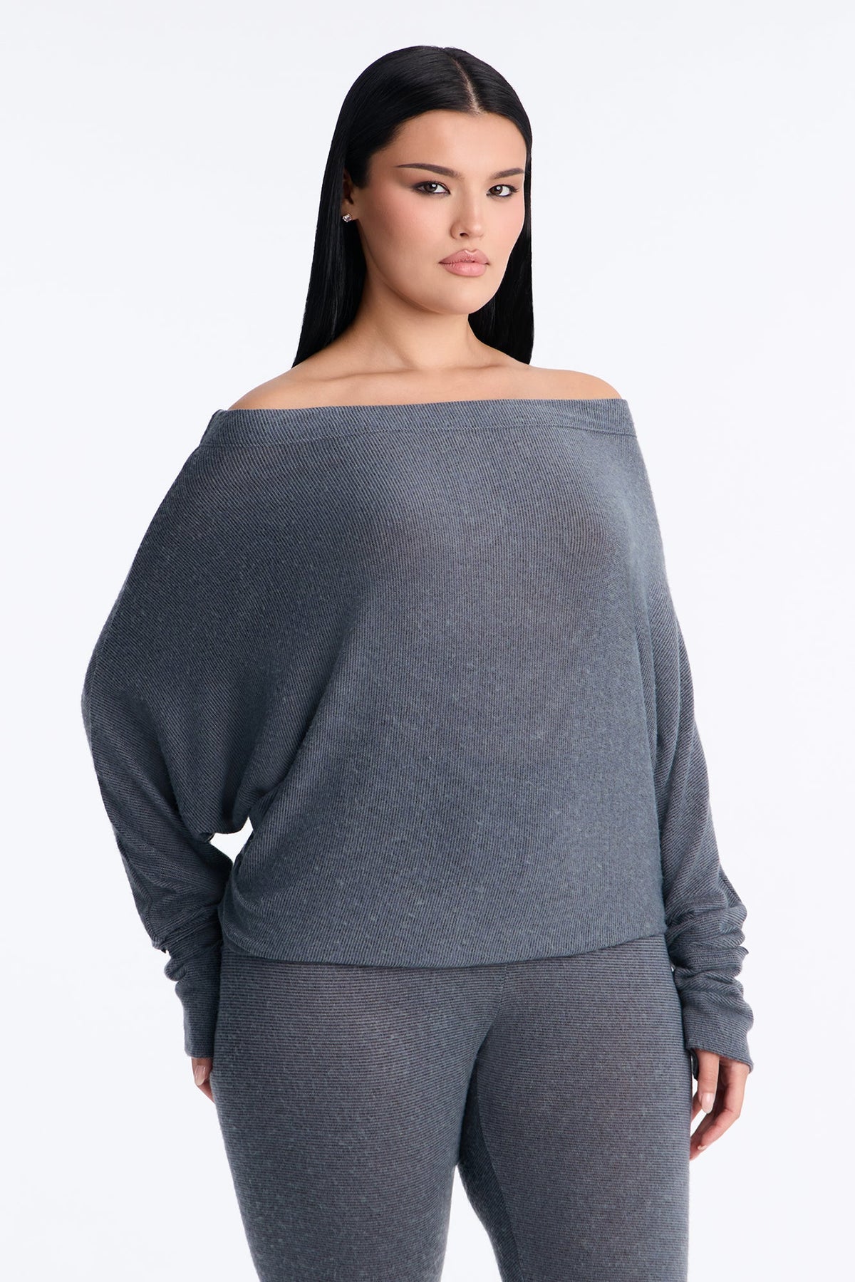 Clara Off Shoulder Hacci Capri Set - Grey