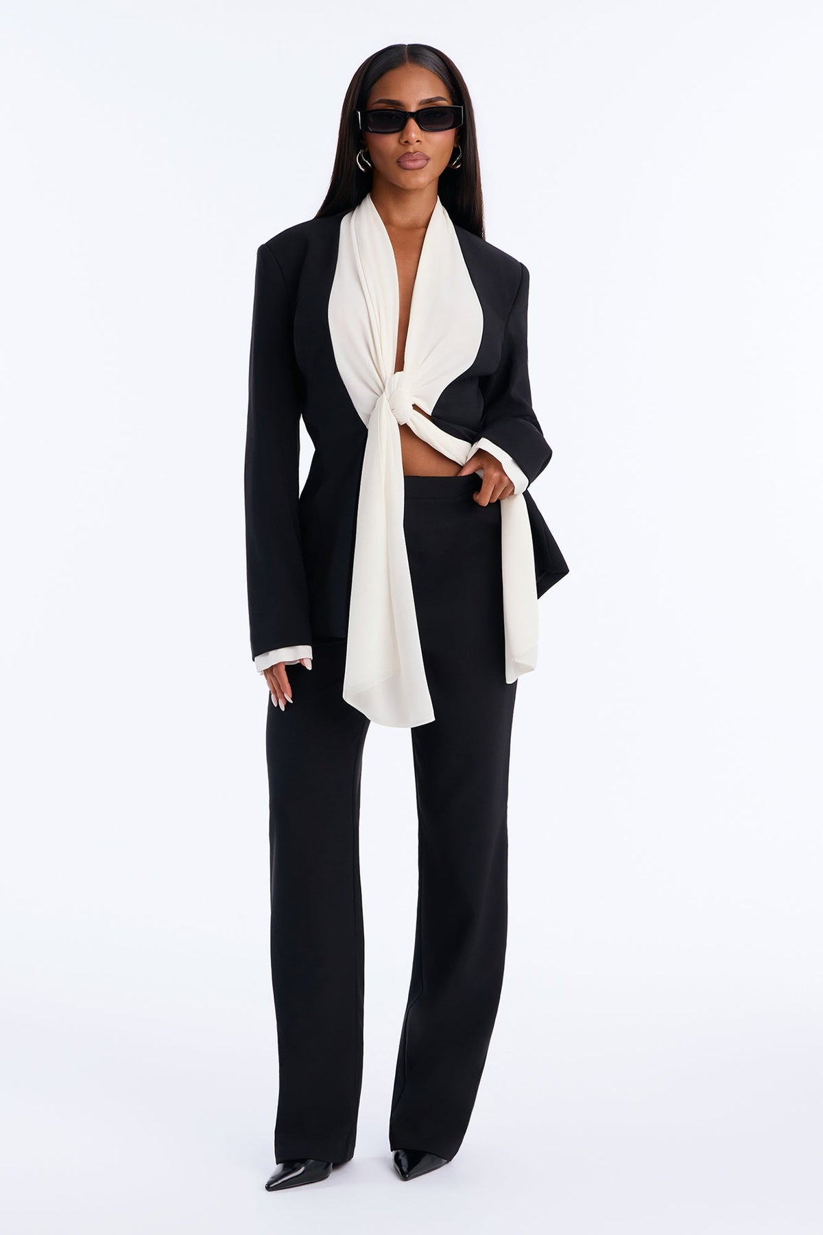 Pia Draped Blazer Pant Set - Black