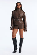 Harper Belted Faux Leather Short Set - Brown