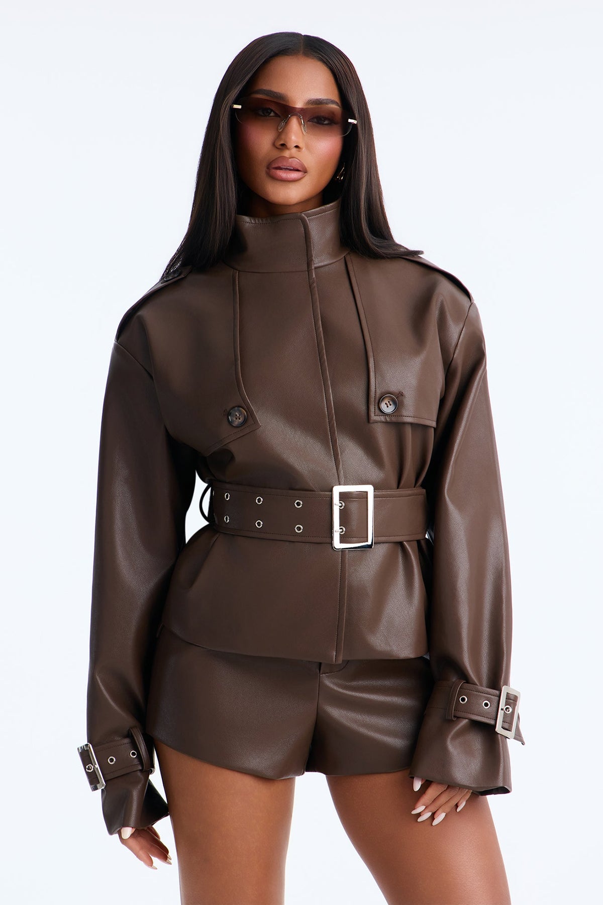 Harper Belted Faux Leather Short Set - Brown