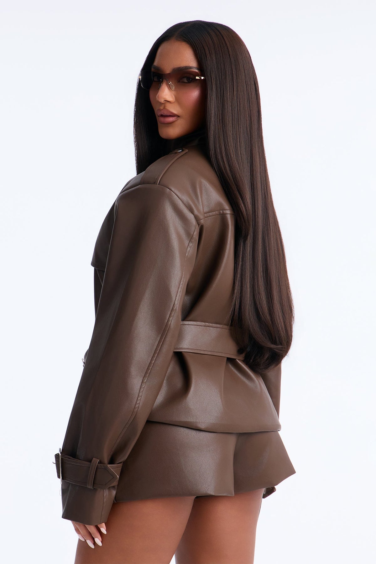 Harper Belted Faux Leather Short Set - Brown