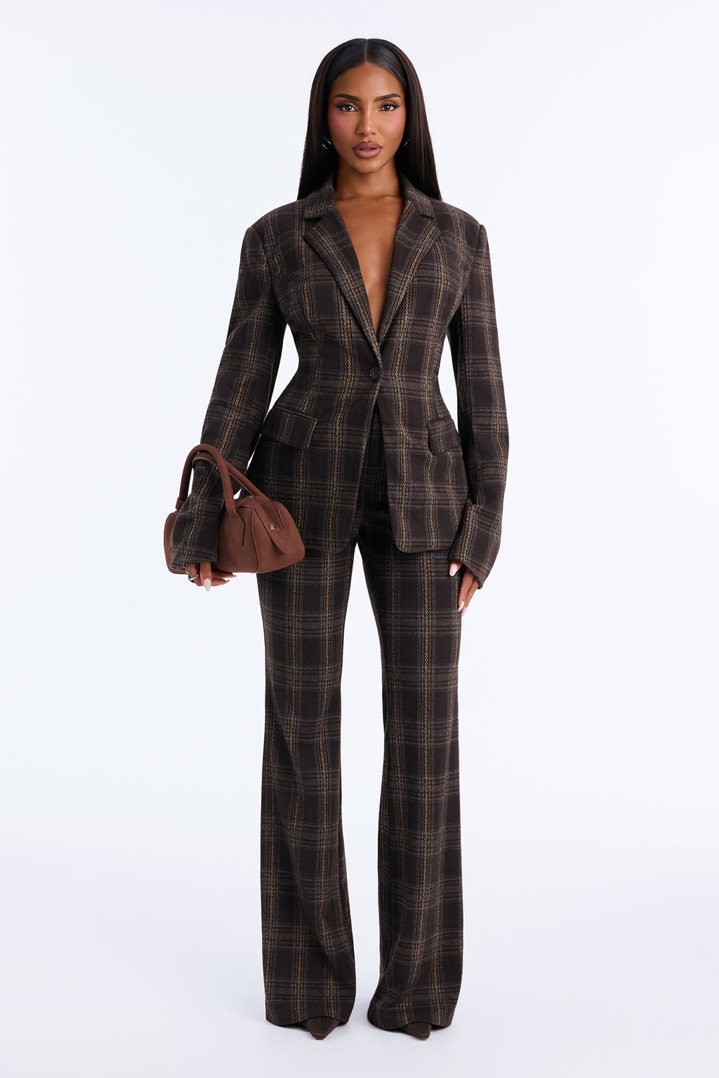 Iris Plaid Flare Pant Set - Brown