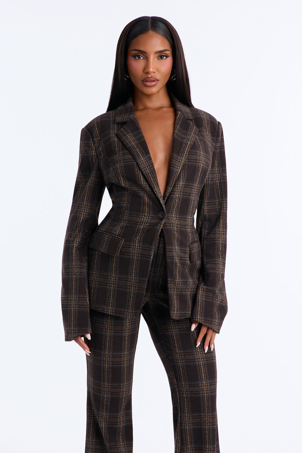 Iris Plaid Flare Pant Set - Brown