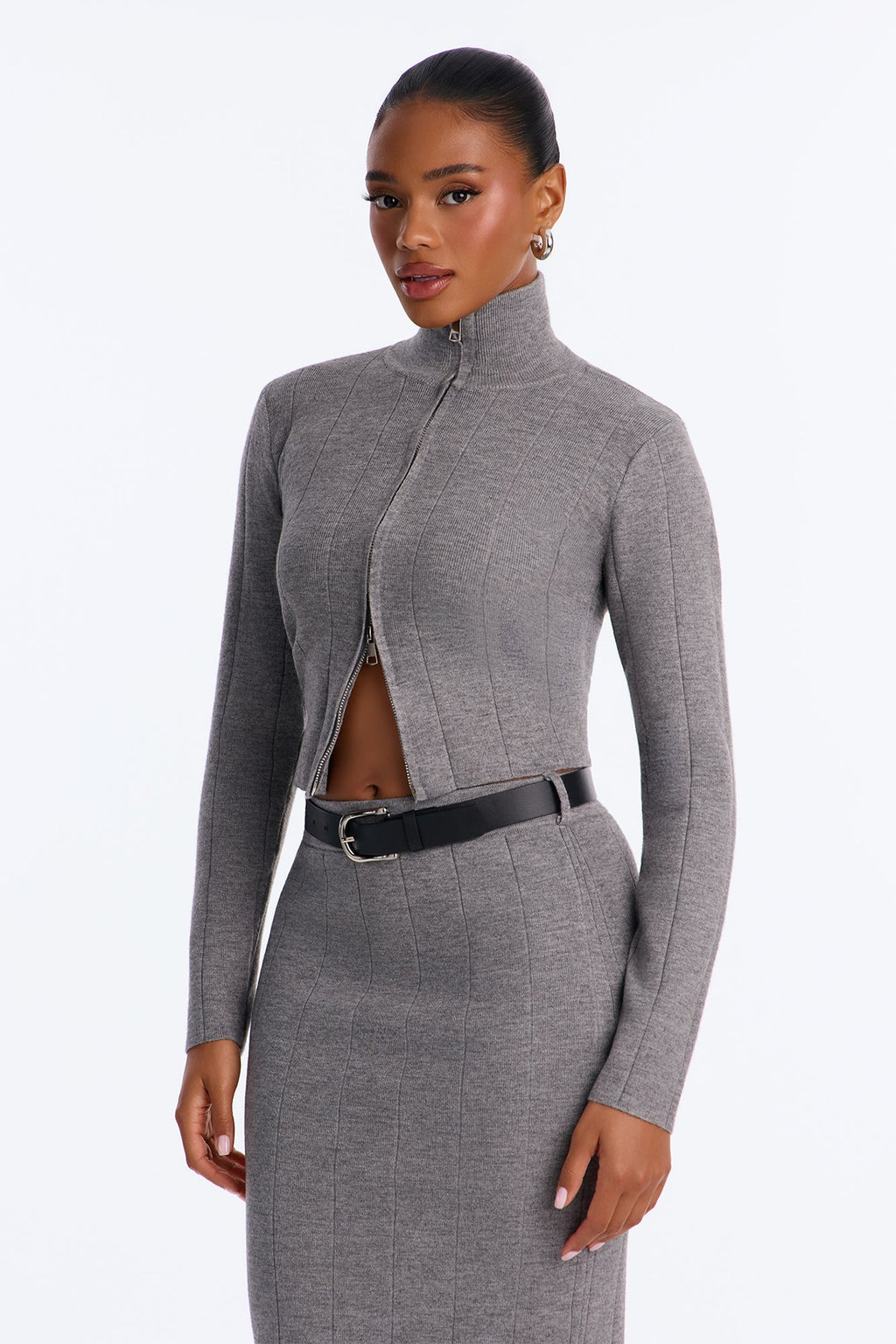 Adriana Belted Sweater Skirt Set - Grey