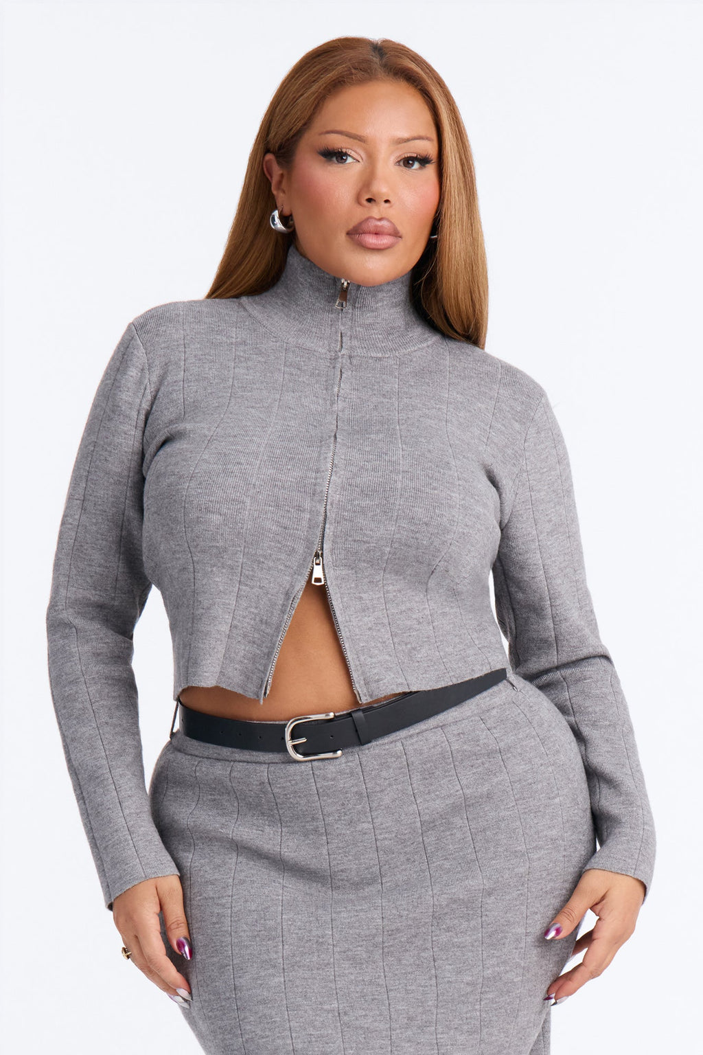 Adriana Belted Sweater Skirt Set - Grey