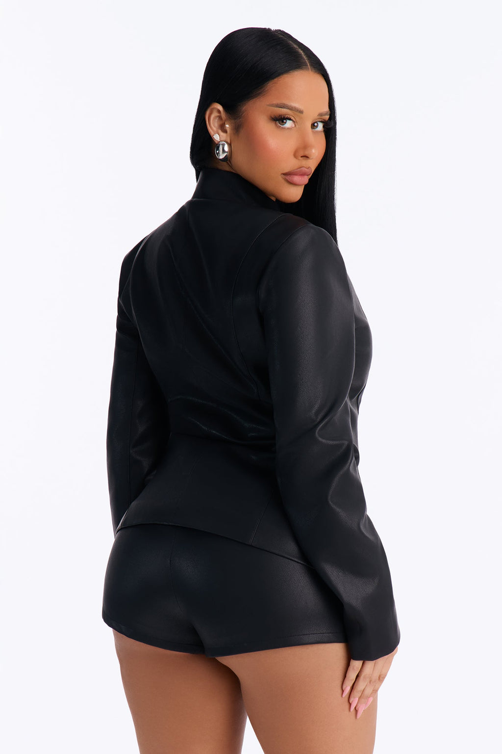 Malia Frog Clasp Faux Leather Short Set - Black