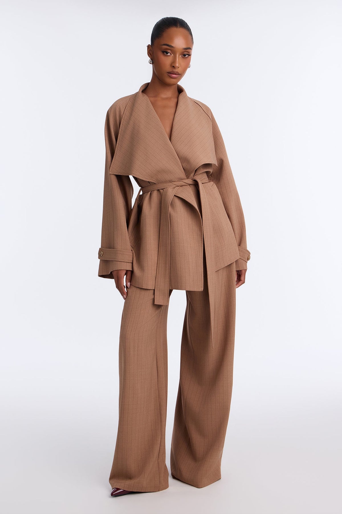 Jessa Pinstripe Tie Waist Pant Set - Camel
