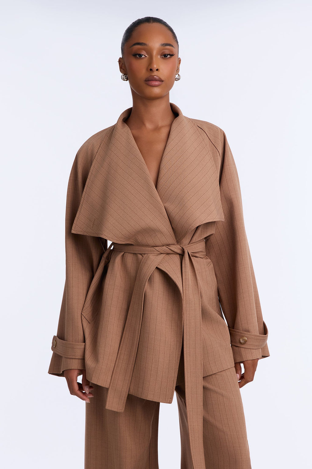 Jessa Pinstripe Tie Waist Pant Set - Camel