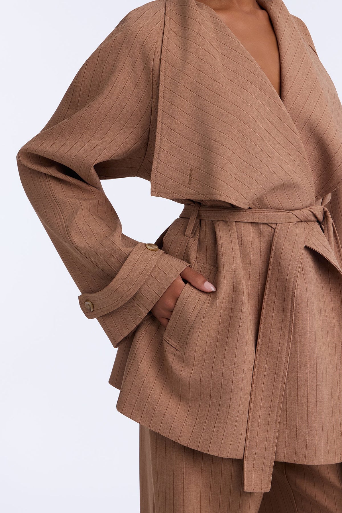 Jessa Pinstripe Tie Waist Pant Set - Camel