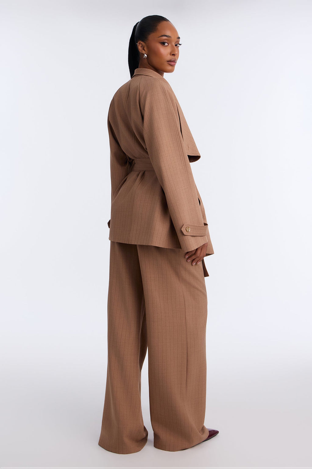 Jessa Pinstripe Tie Waist Pant Set - Camel