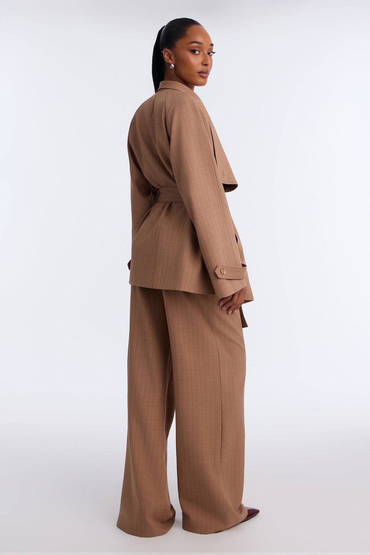 Jessa Pinstripe Tie Waist Pant Set - Camel