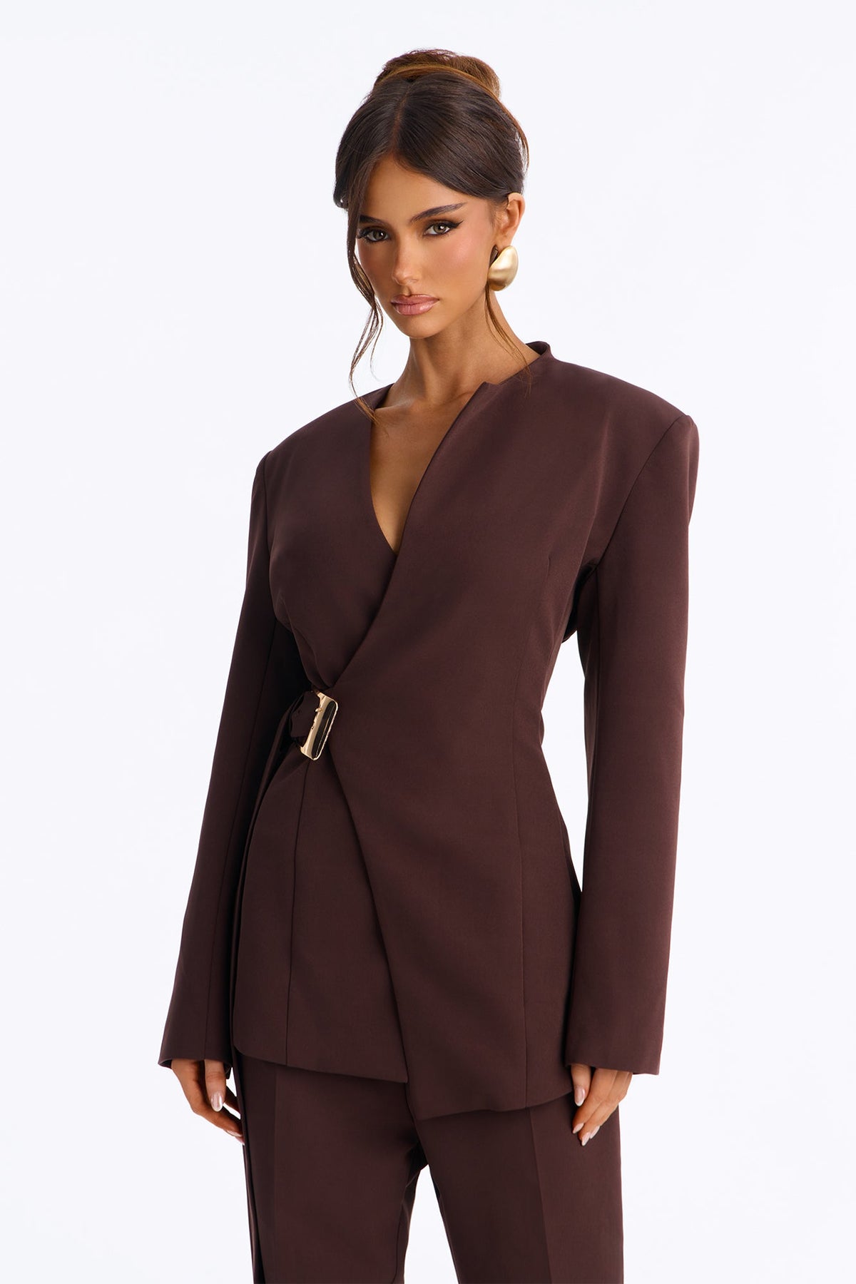 Jessica Belted Blazer Pant Set - Chocolate
