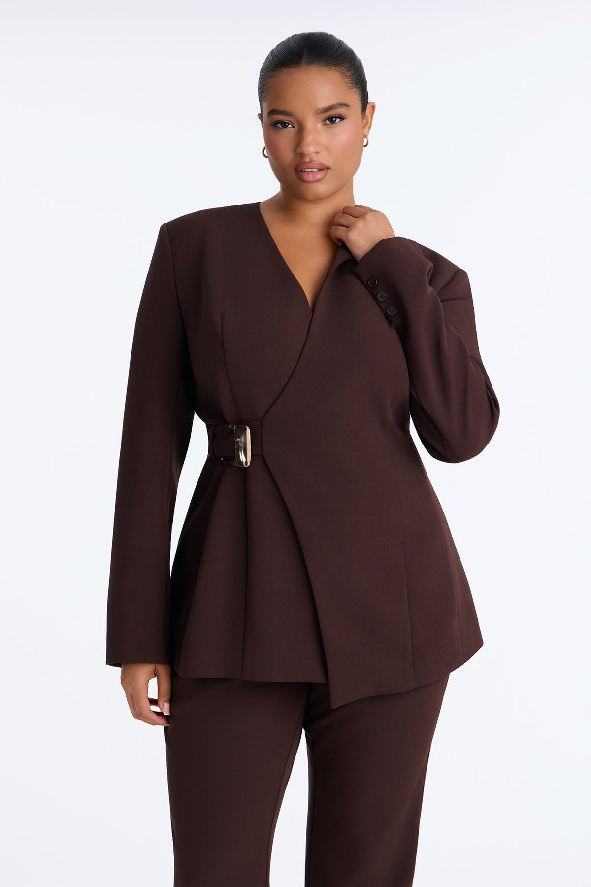Jessica Belted Blazer Pant Set - Chocolate