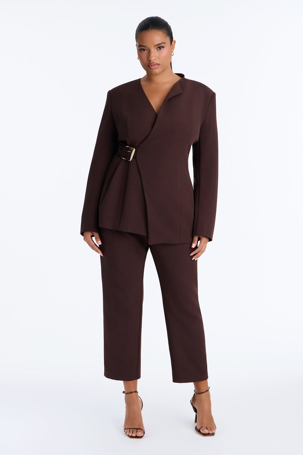 Jessica Belted Blazer Pant Set - Chocolate