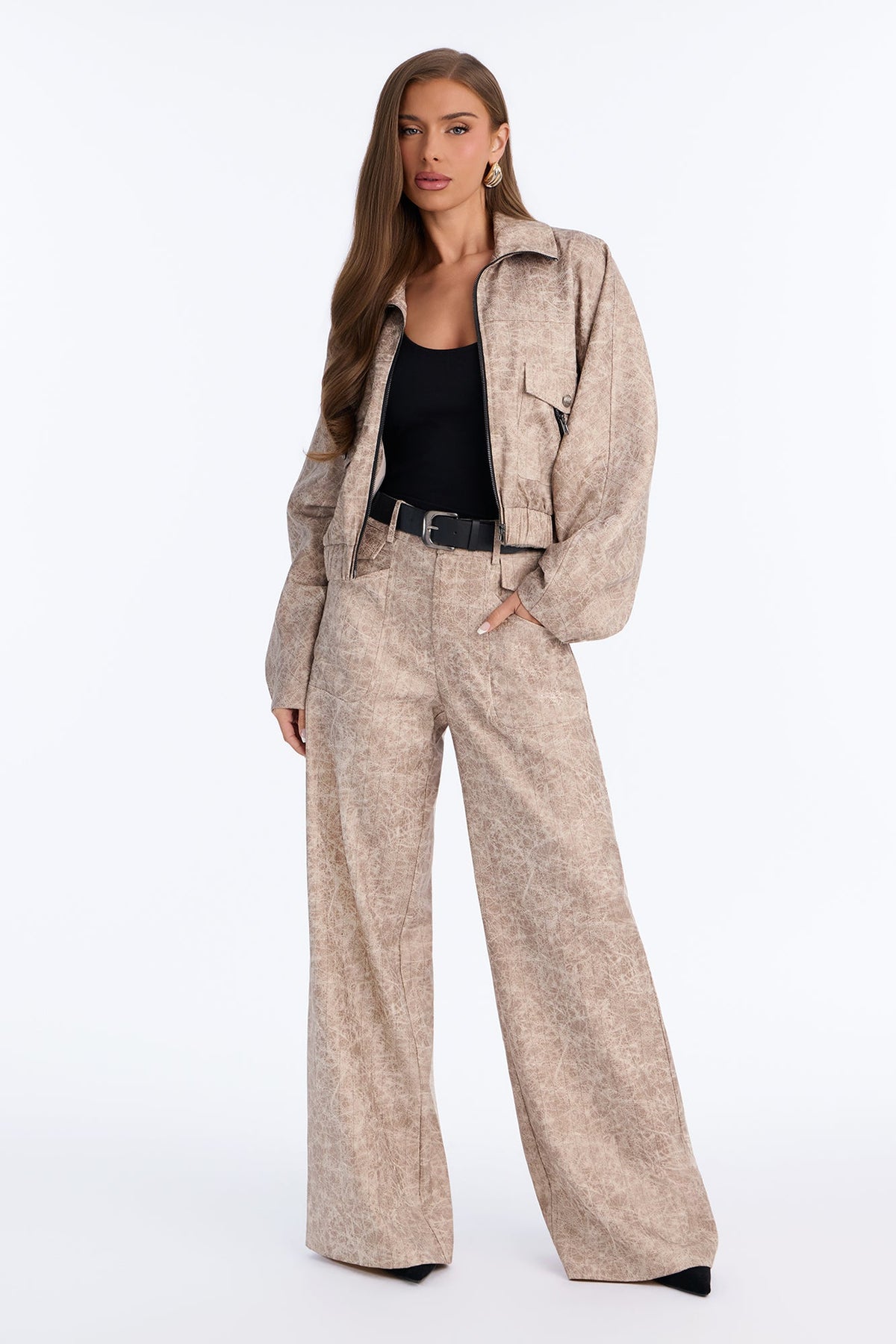 In Disguise Washed Belted Pant Set - Stone