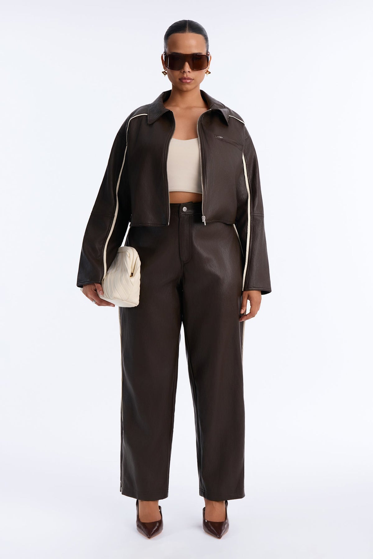 Miranda Faux Leather Pant Set - Brown
