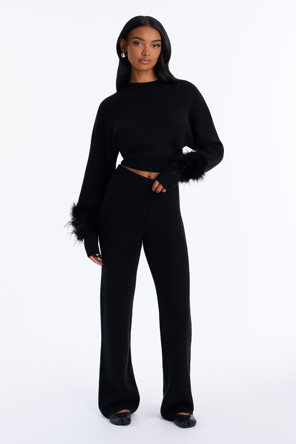 Gina Feather Trim Sweater Pant Set - Black