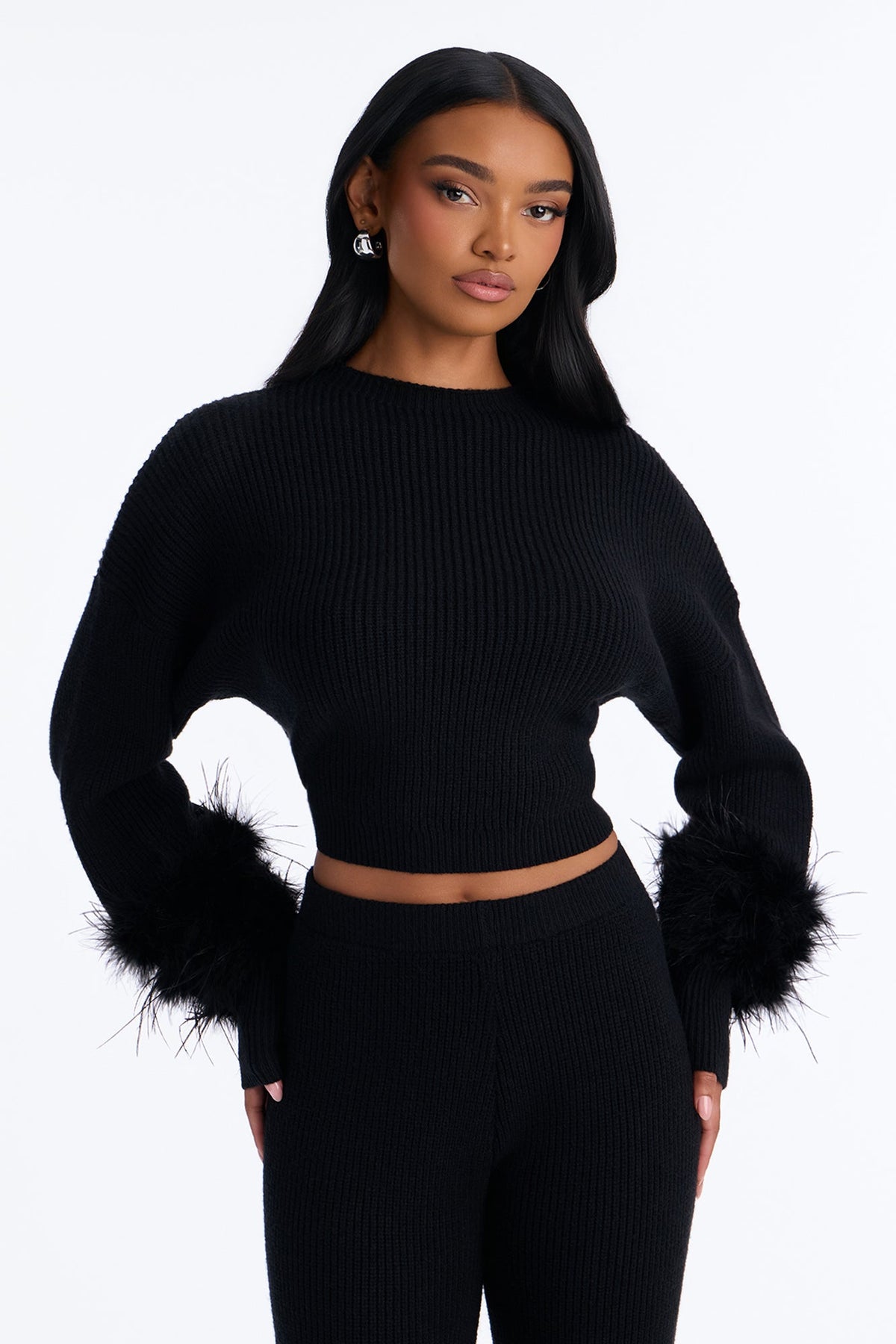 Gina Feather Trim Sweater Pant Set - Black