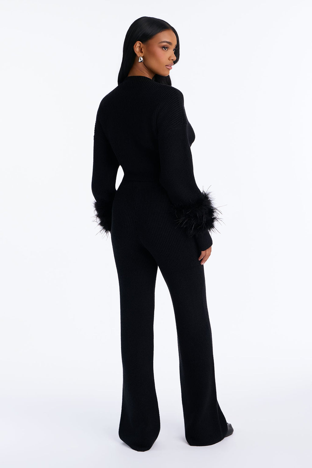Gina Feather Trim Sweater Pant Set - Black