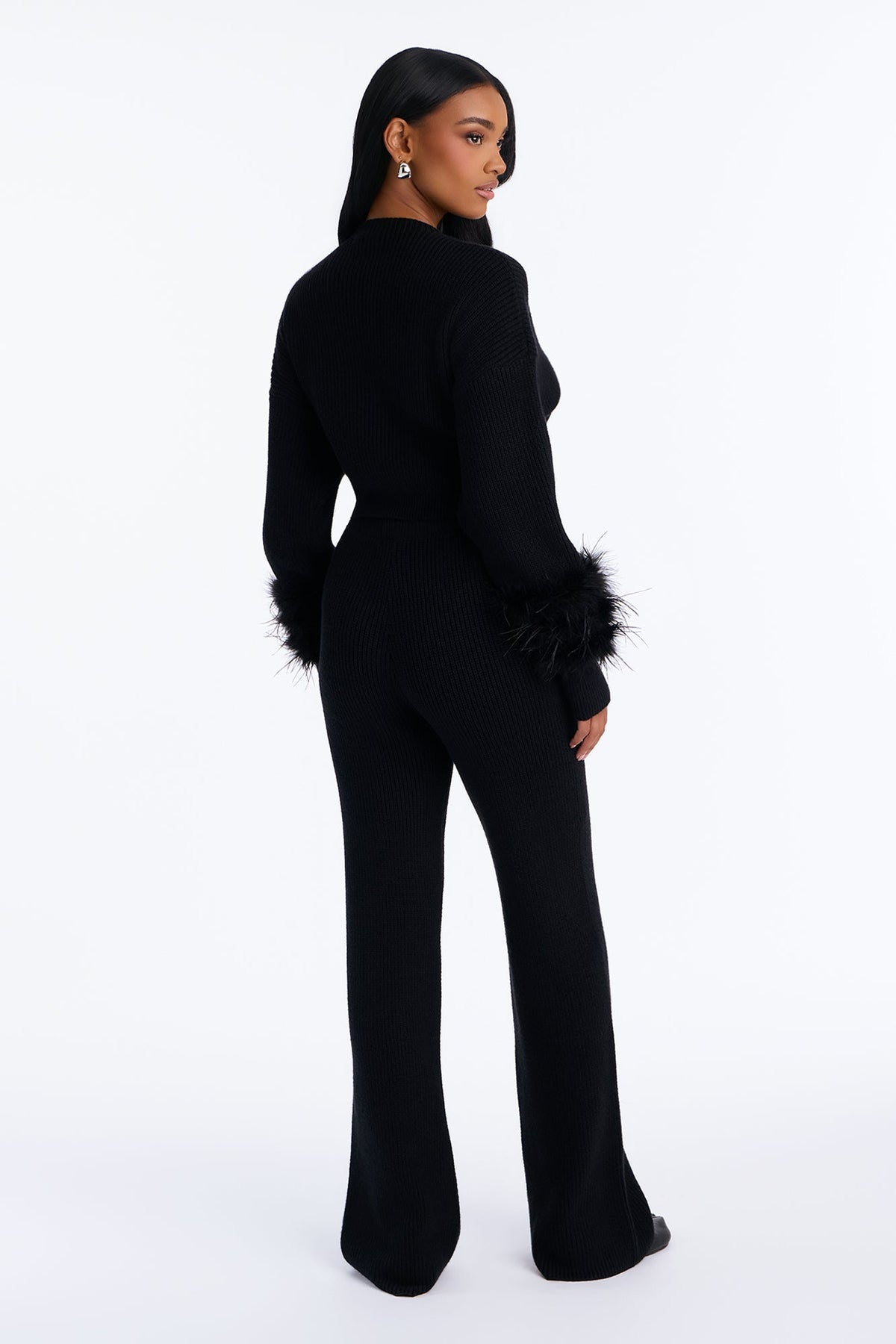 Gina Feather Trim Sweater Pant Set - Black