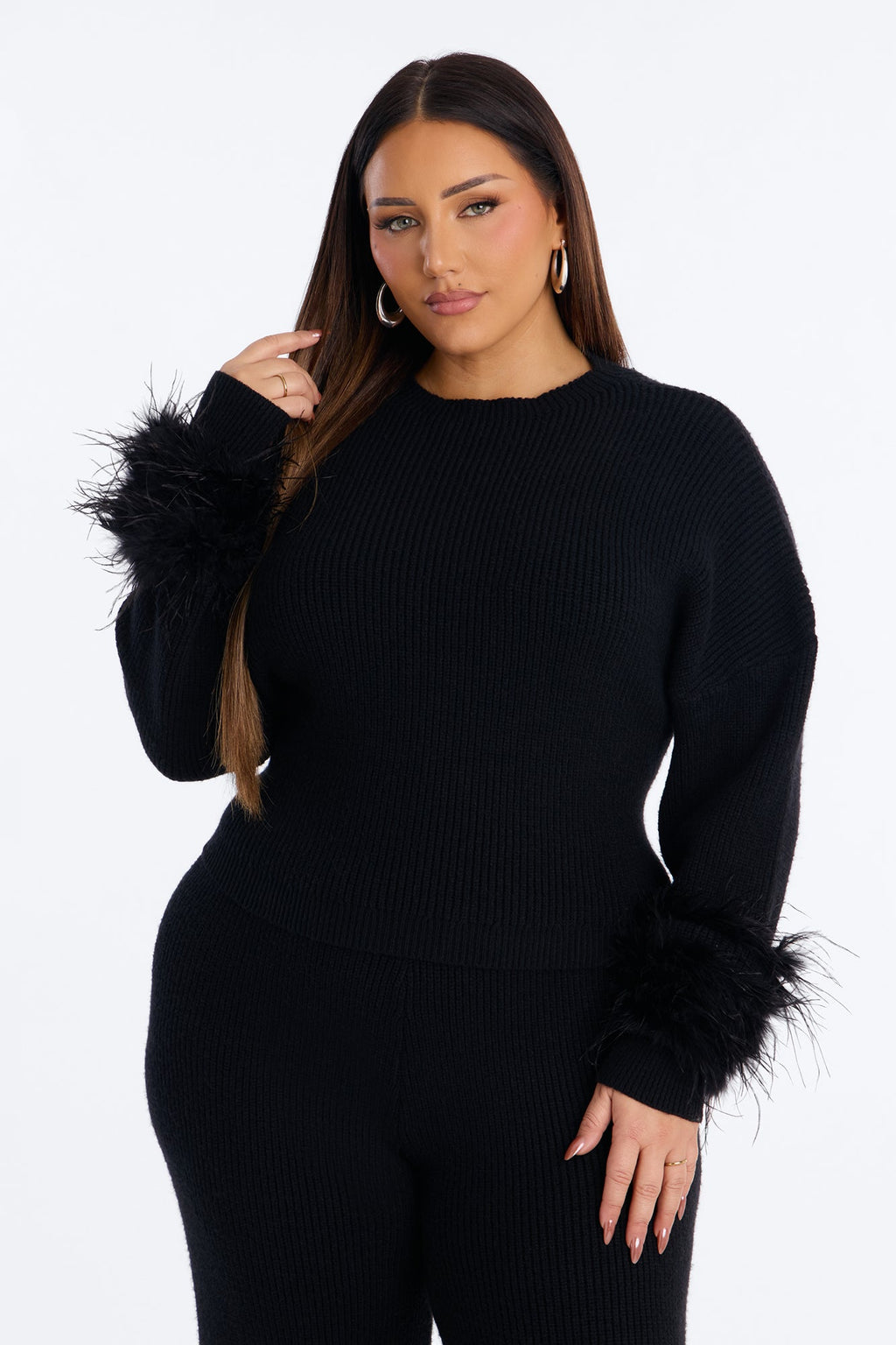 Gina Feather Trim Sweater Pant Set - Black
