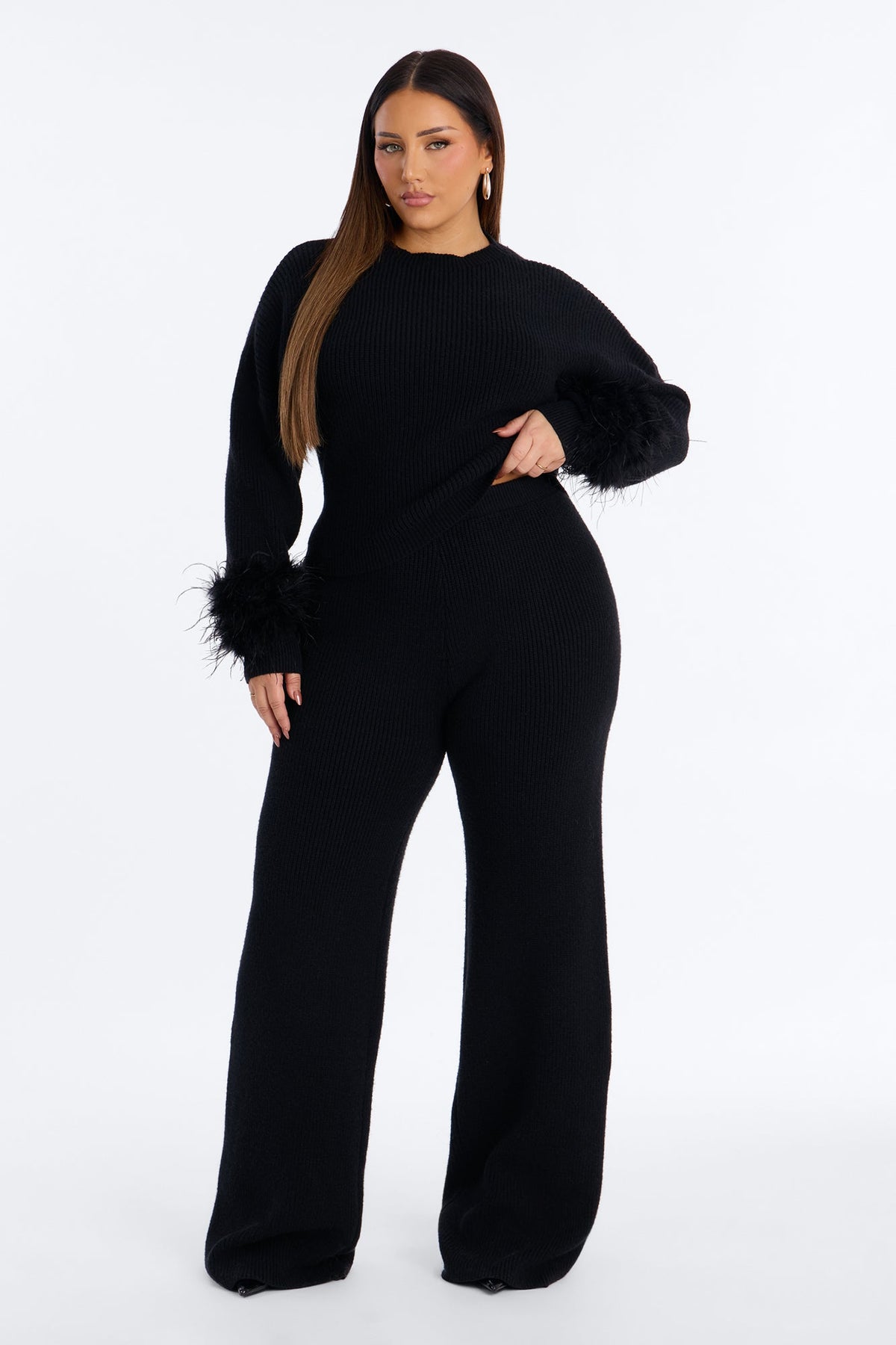 Gina Feather Trim Sweater Pant Set - Black
