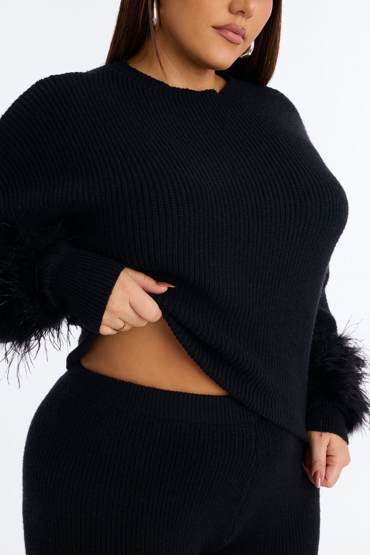Gina Feather Trim Sweater Pant Set - Black