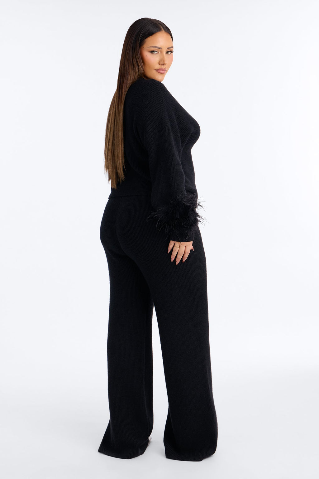 Gina Feather Trim Sweater Pant Set - Black