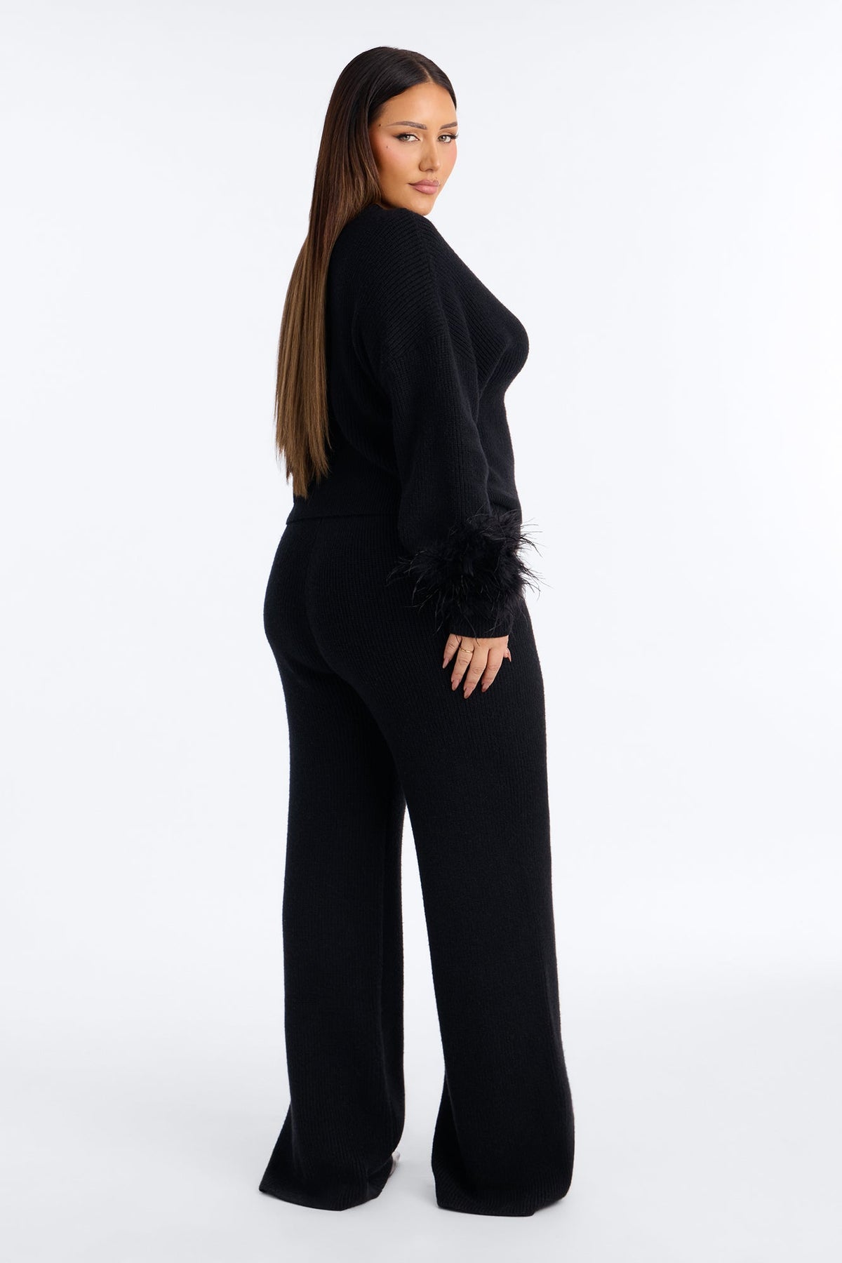 Gina Feather Trim Sweater Pant Set - Black