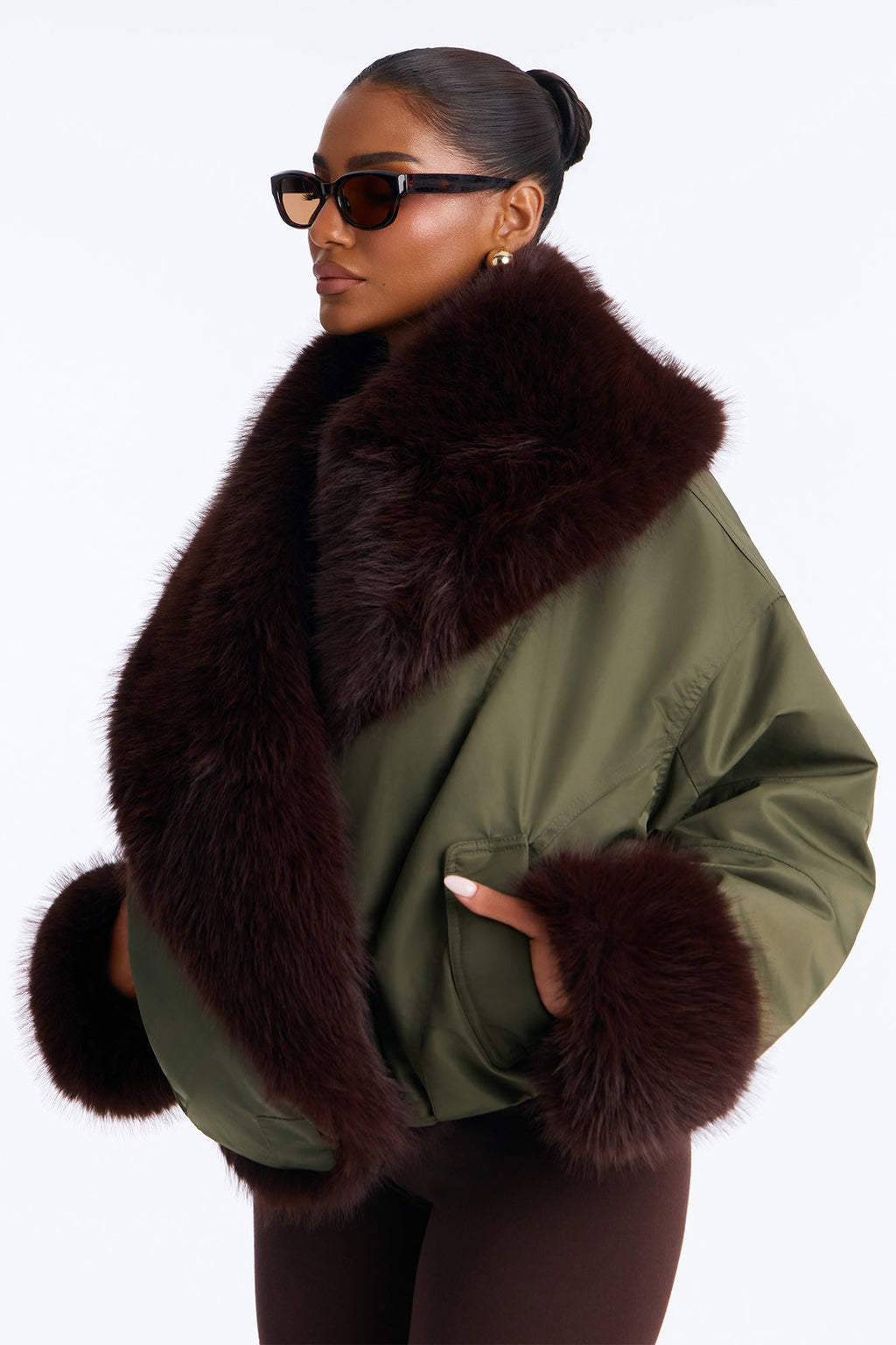 Made It To Monaco Full Fur Collar Bomber Jacket - Olive/combo