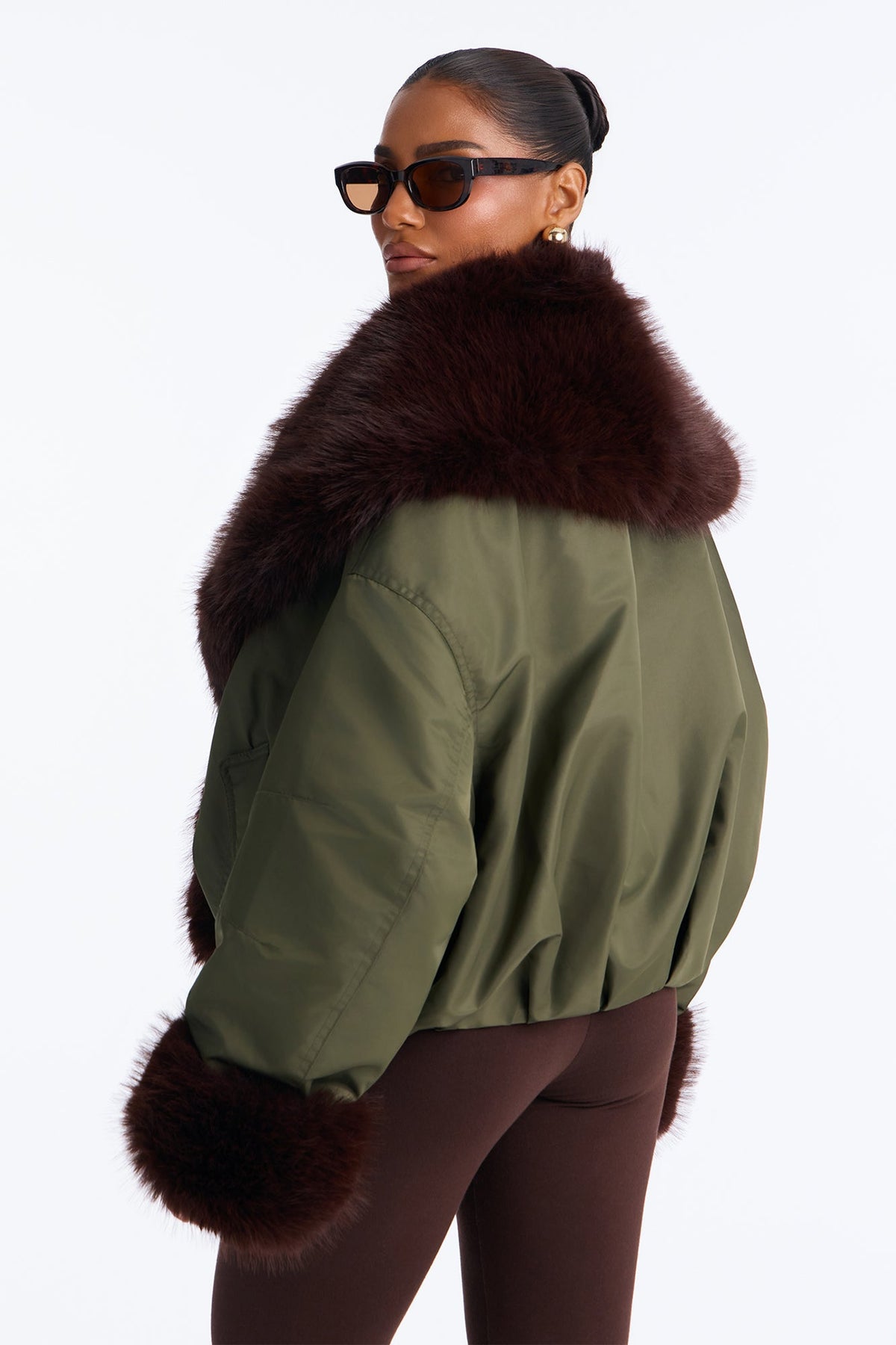 Made It To Monaco Full Fur Collar Bomber Jacket - Olive/combo