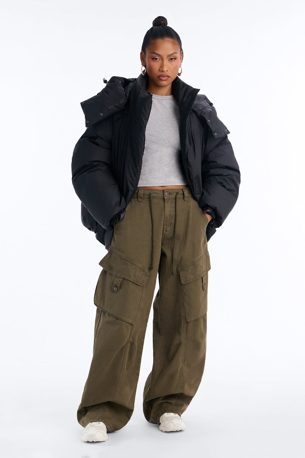 Isabella Oversized Nylon Blend Hooded Puffer Jacket - Black