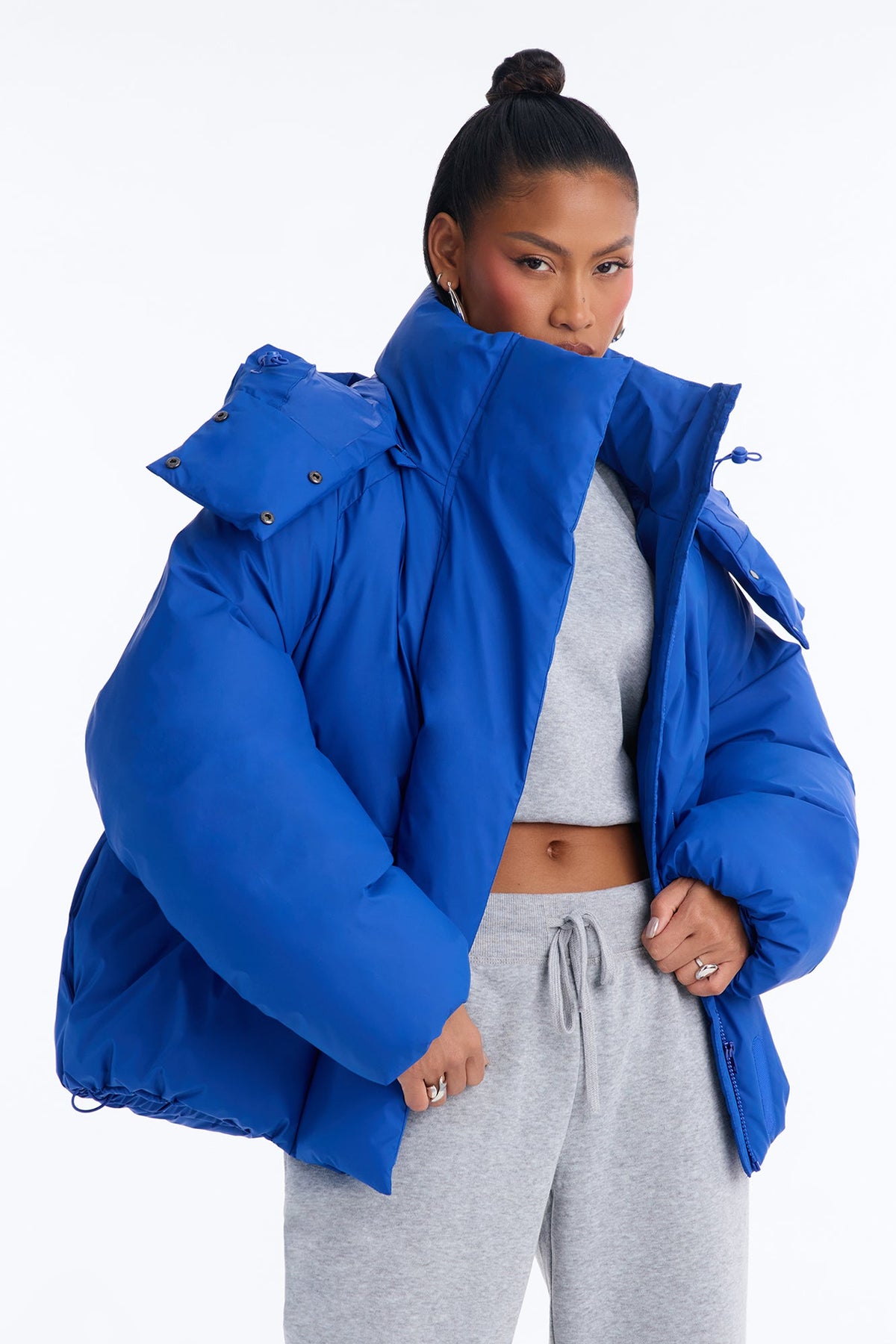 Isabella Oversized Nylon Blend Hooded Puffer Jacket - CobaltBlue