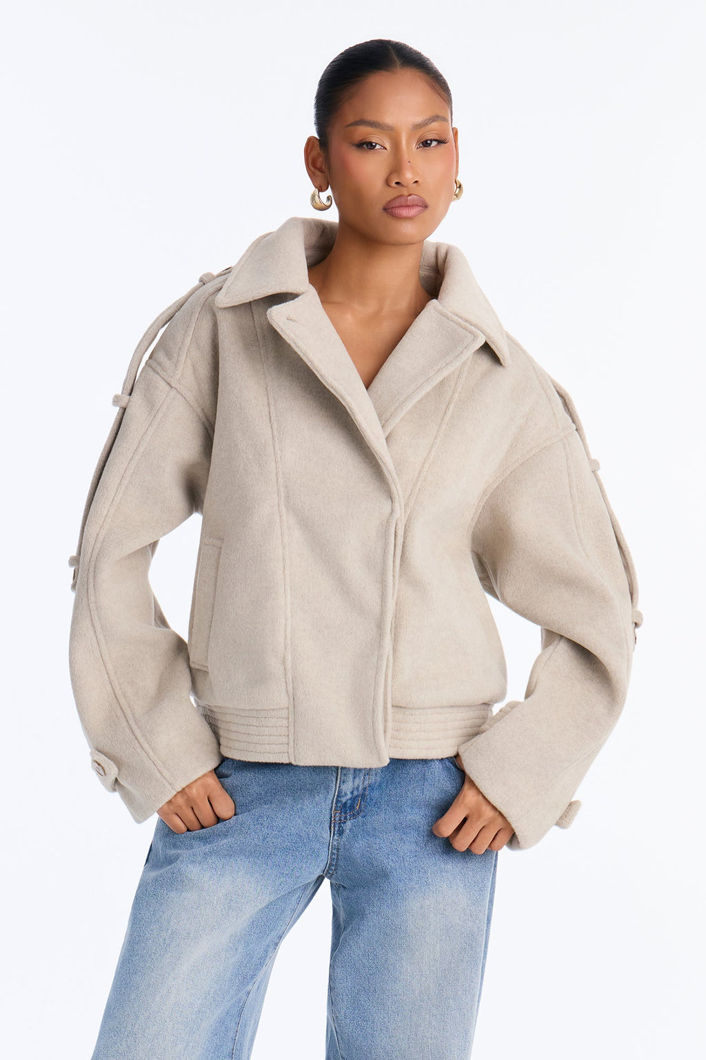 Ella Everyday Wool Effect Bomber Jacket - Oatmeal