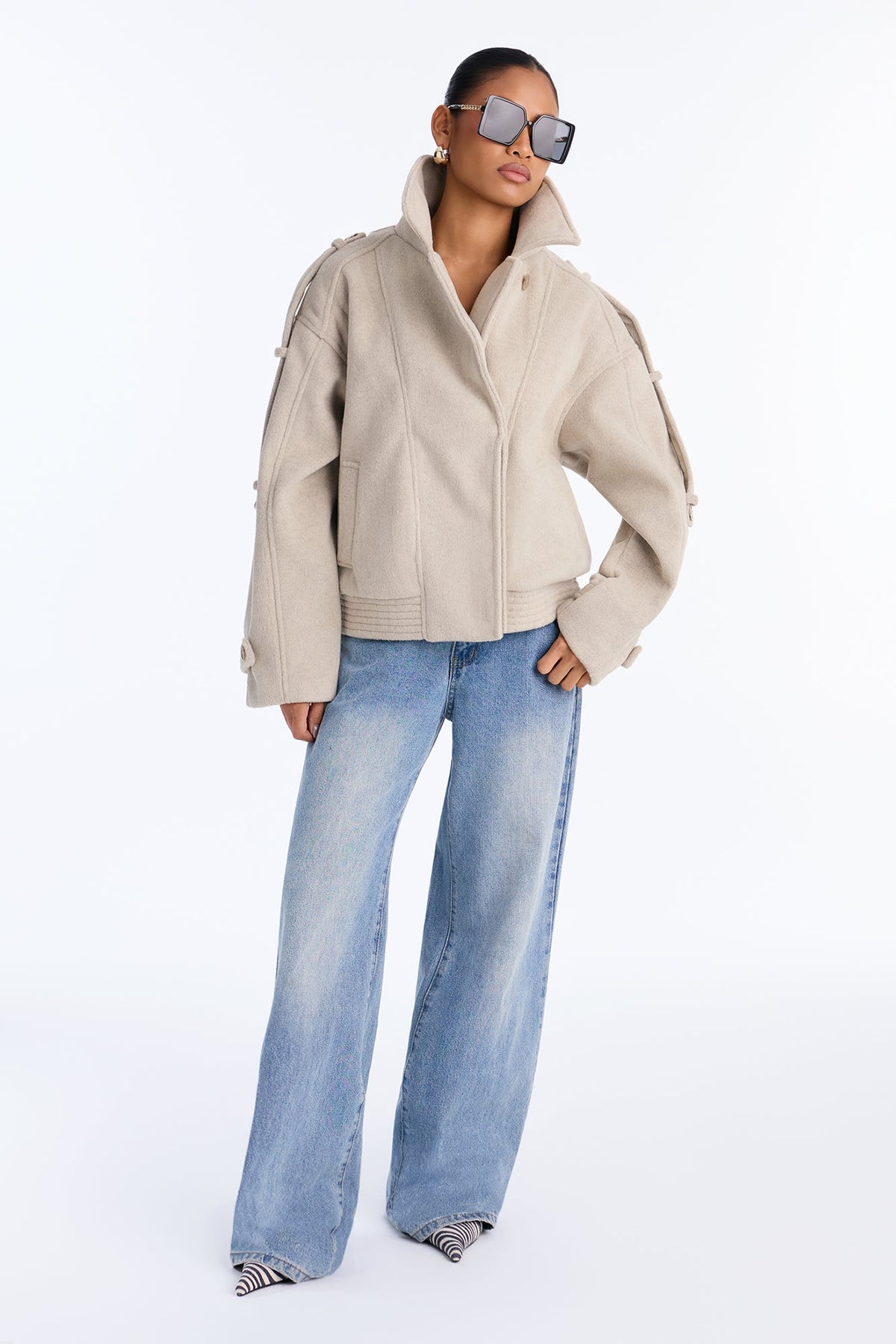 Ella Everyday Wool Effect Bomber Jacket - Oatmeal