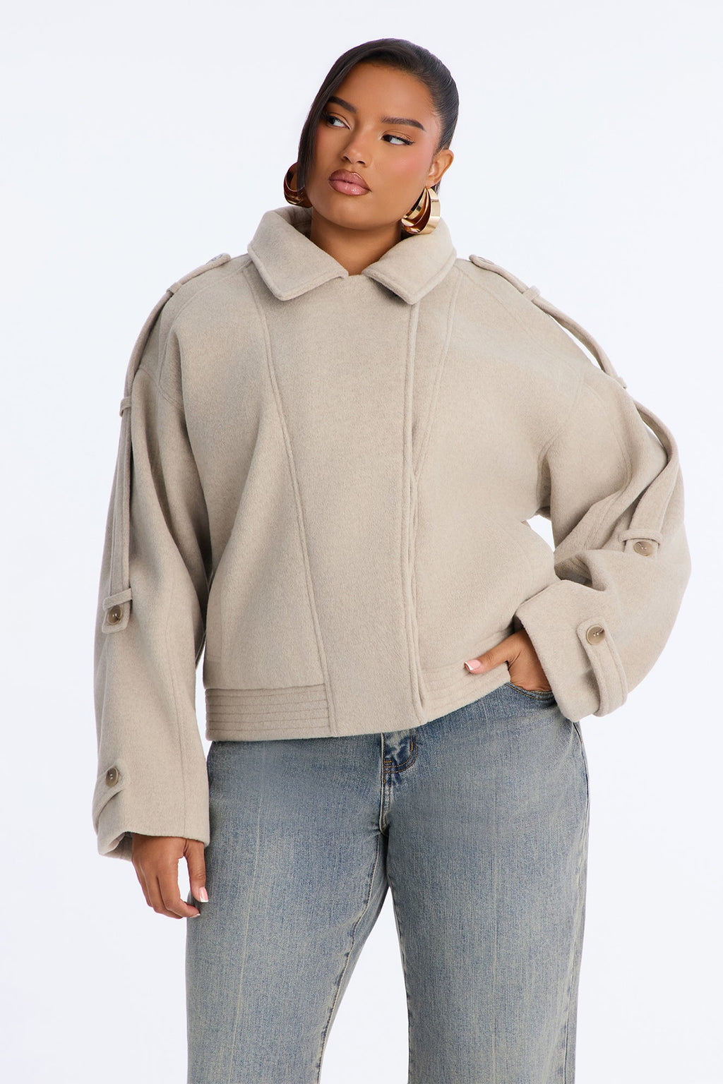 Ella Everyday Wool Effect Bomber Jacket - Oatmeal