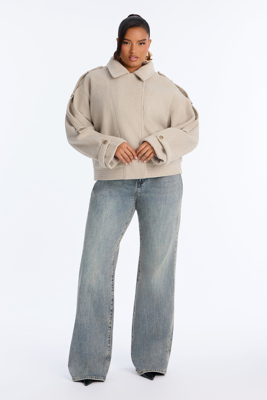 Ella Everyday Wool Effect Bomber Jacket - Oatmeal