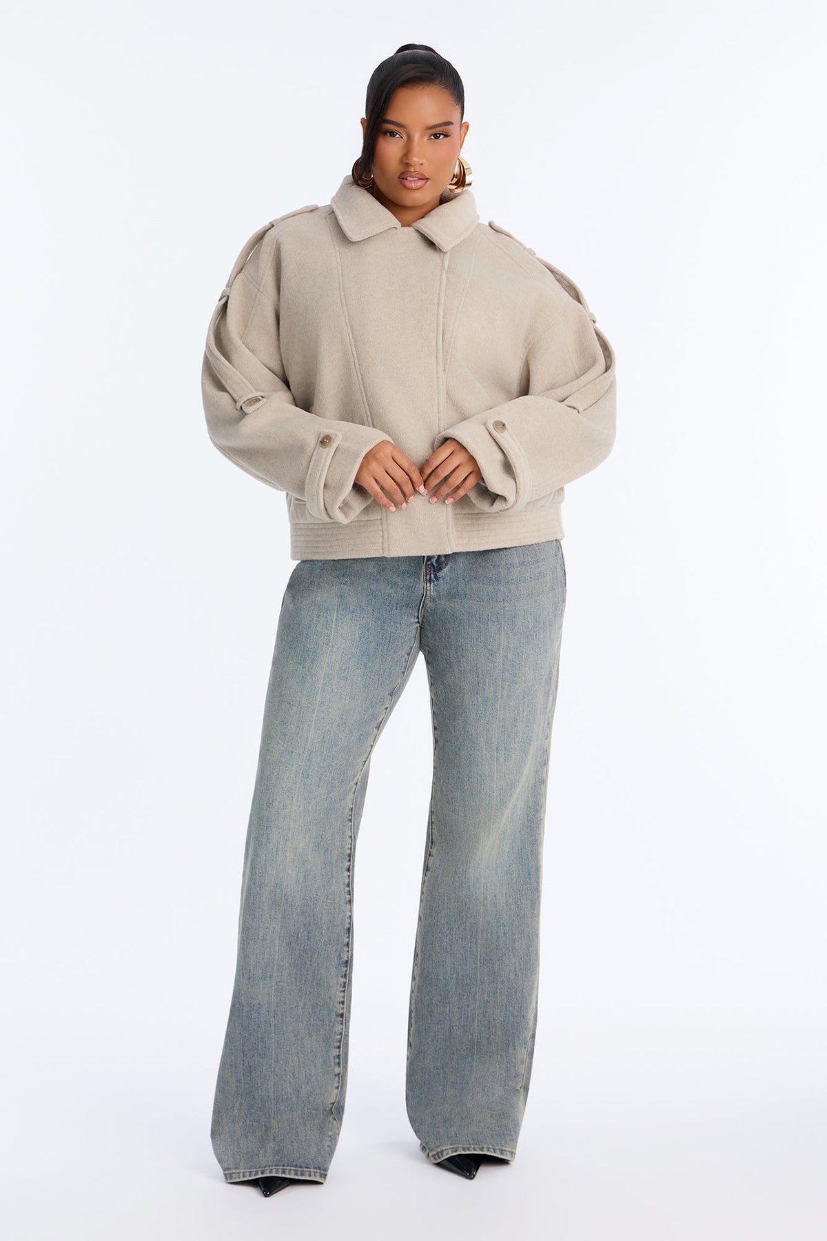 Ella Everyday Wool Effect Bomber Jacket - Oatmeal
