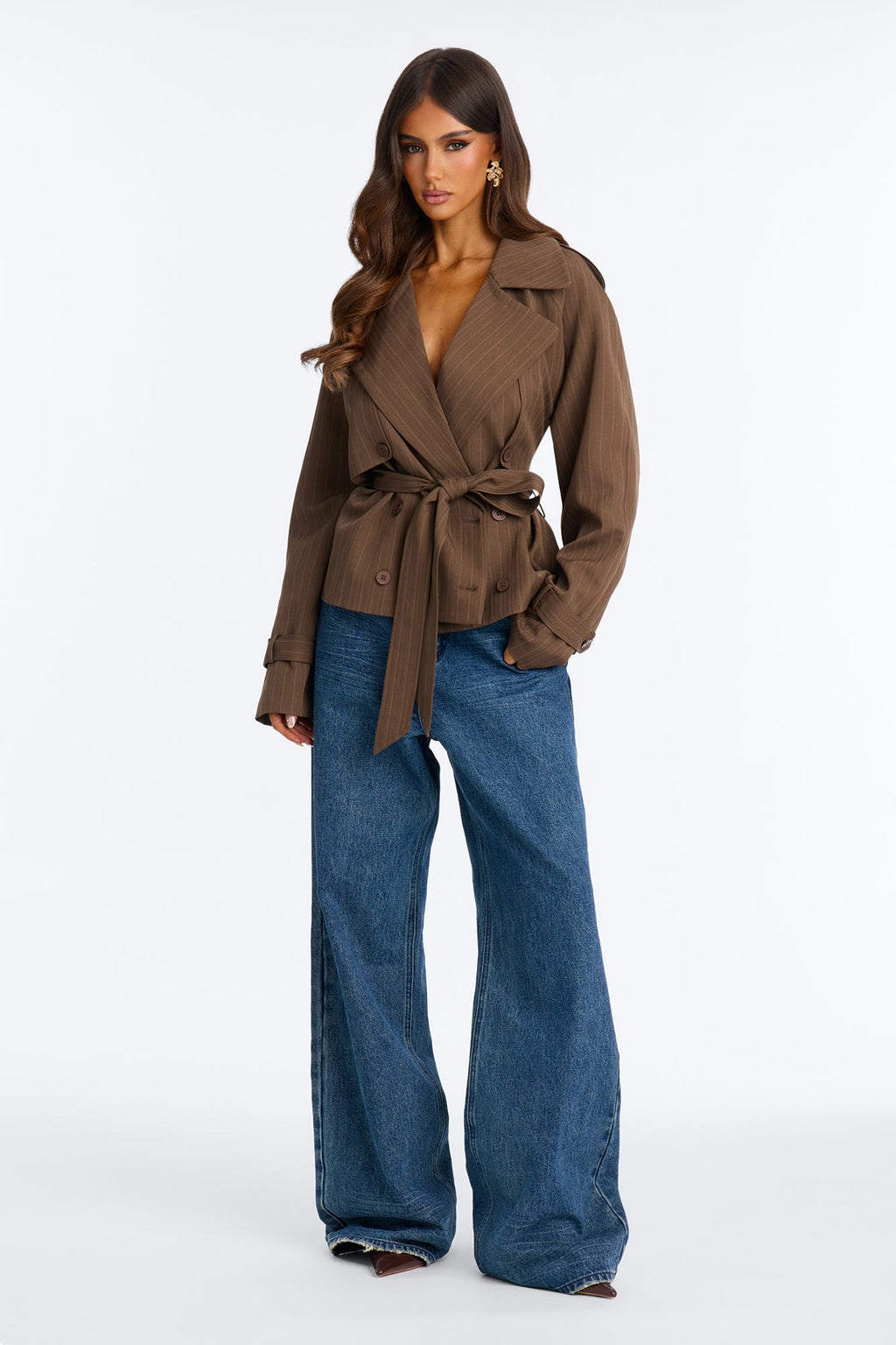 Poppy Pinstripe Belted Trench Jacket - Brown