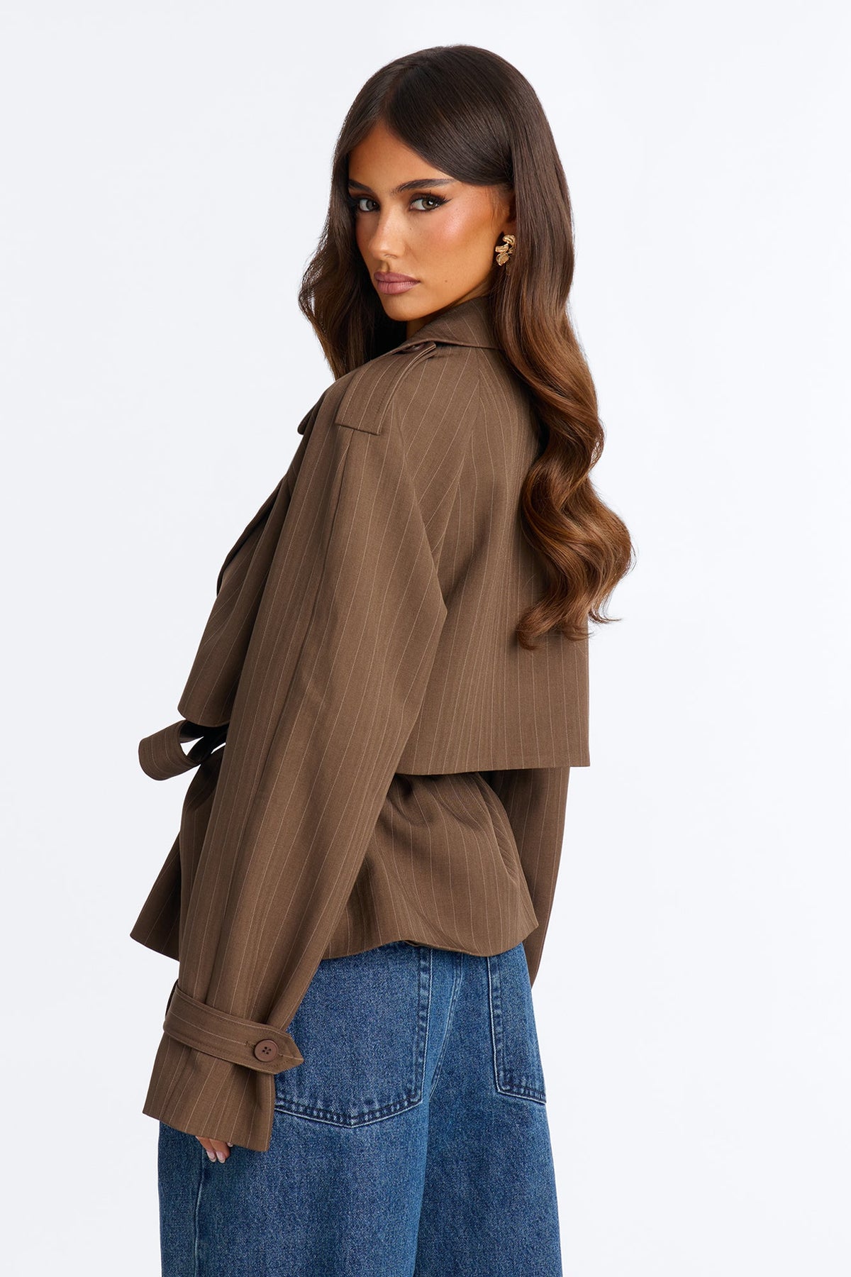 Poppy Pinstripe Belted Trench Jacket - Brown