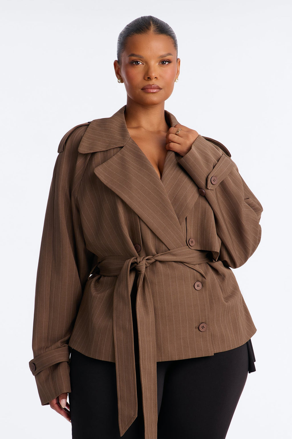 Poppy Pinstripe Belted Trench Jacket - Brown