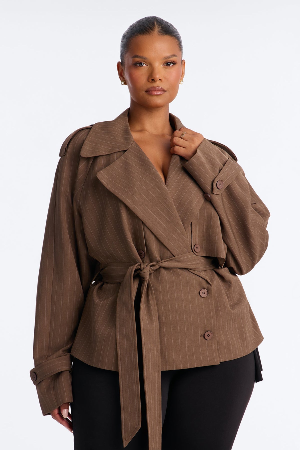 Poppy Pinstripe Belted Trench Jacket - Brown