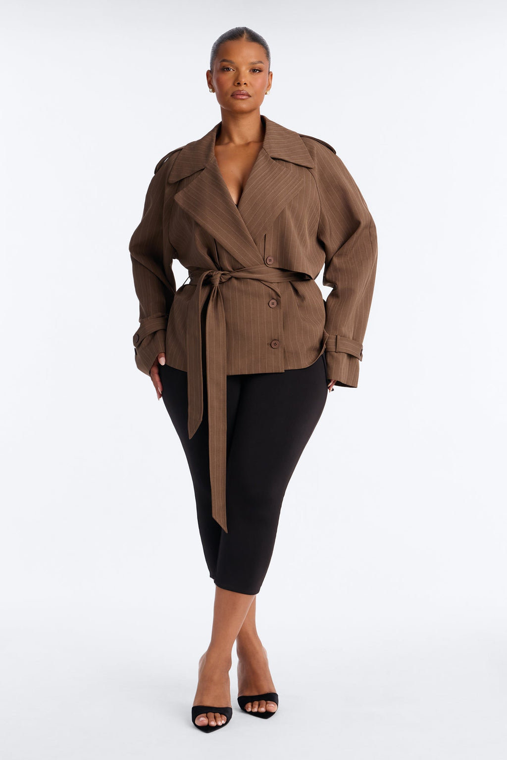Poppy Pinstripe Belted Trench Jacket - Brown