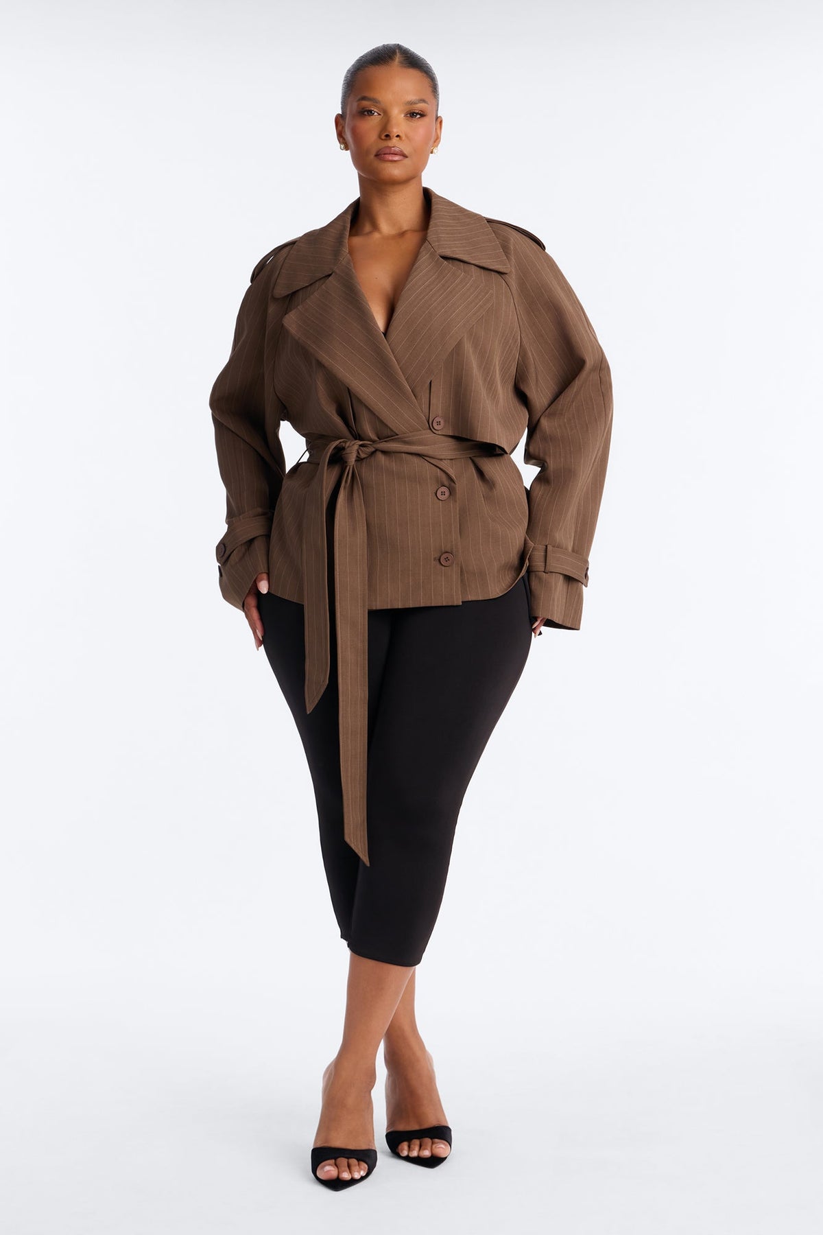 Poppy Pinstripe Belted Trench Jacket - Brown